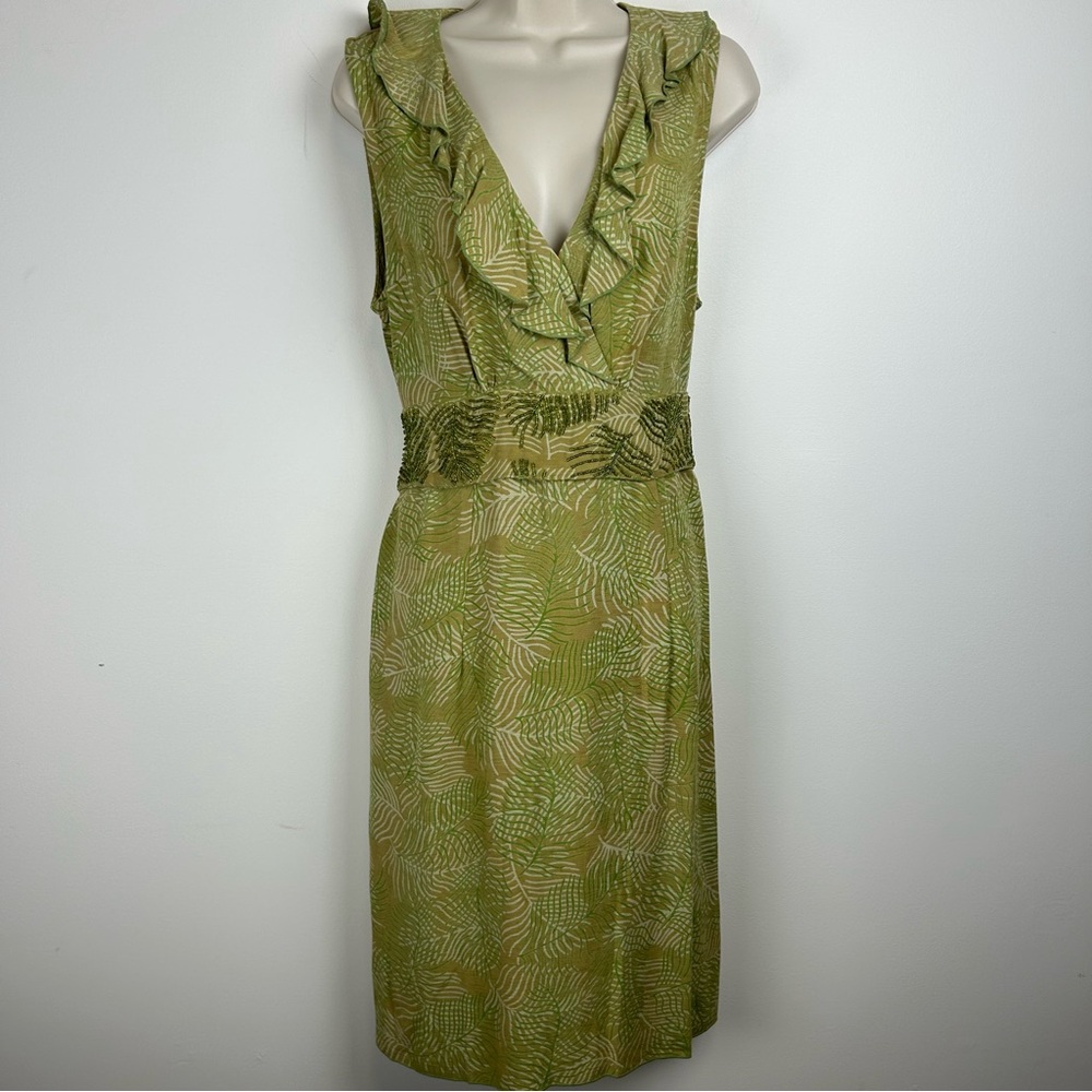 Vintage White Rice Midi Dress Green sz L Resort Wear Feminine Coquette Tropical